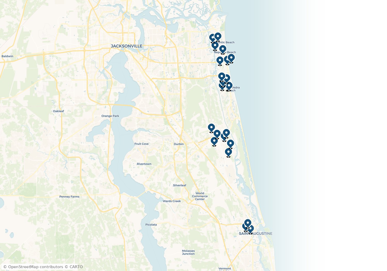 Reef Pressure Washing service area map covering Ponte Vedra, Nocatee, Jacksonville Beach and St. Augustine