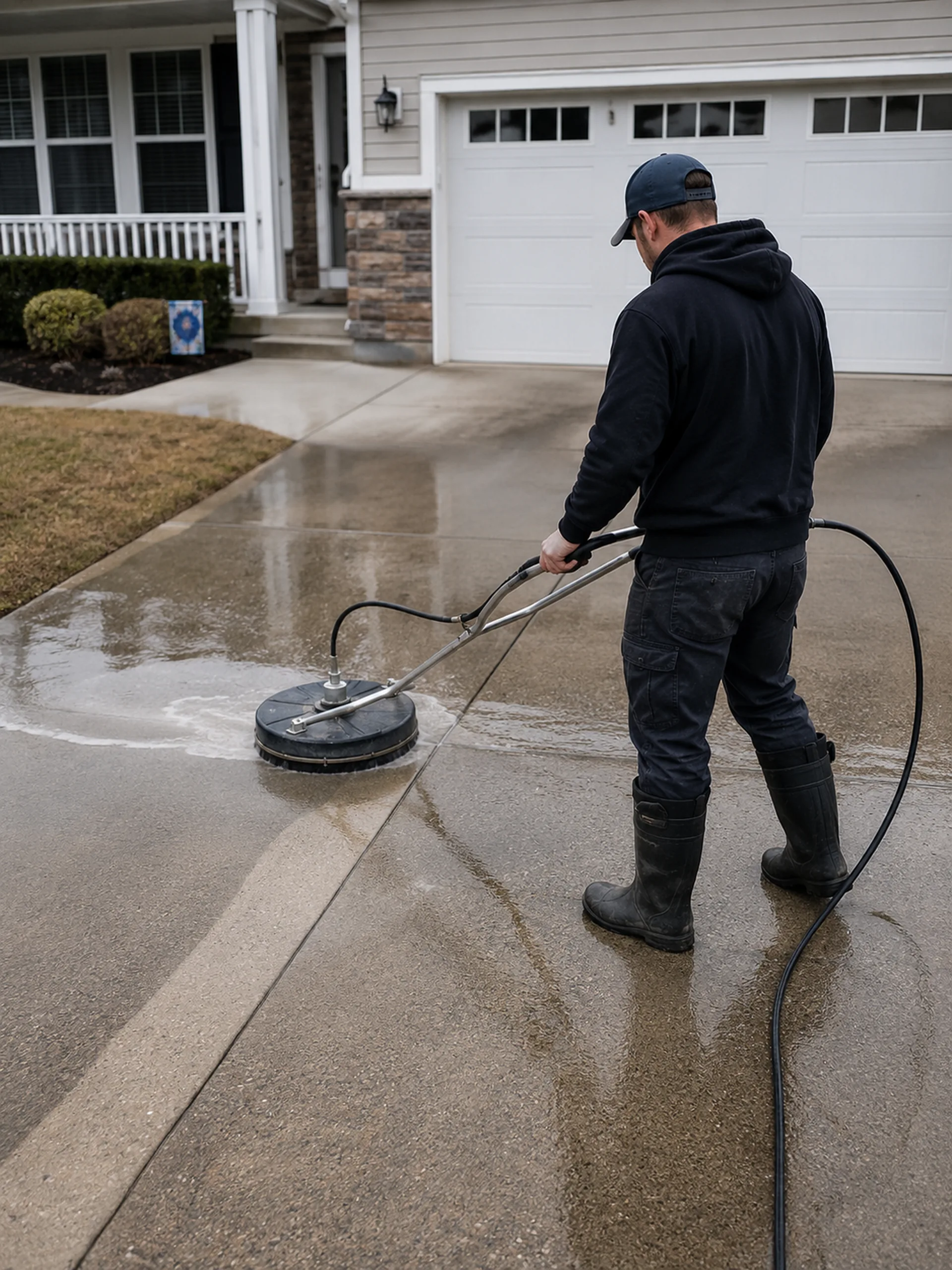 Driveway Pressure Washing in St. Augustine - FL as a technician removes dark stains from concrete