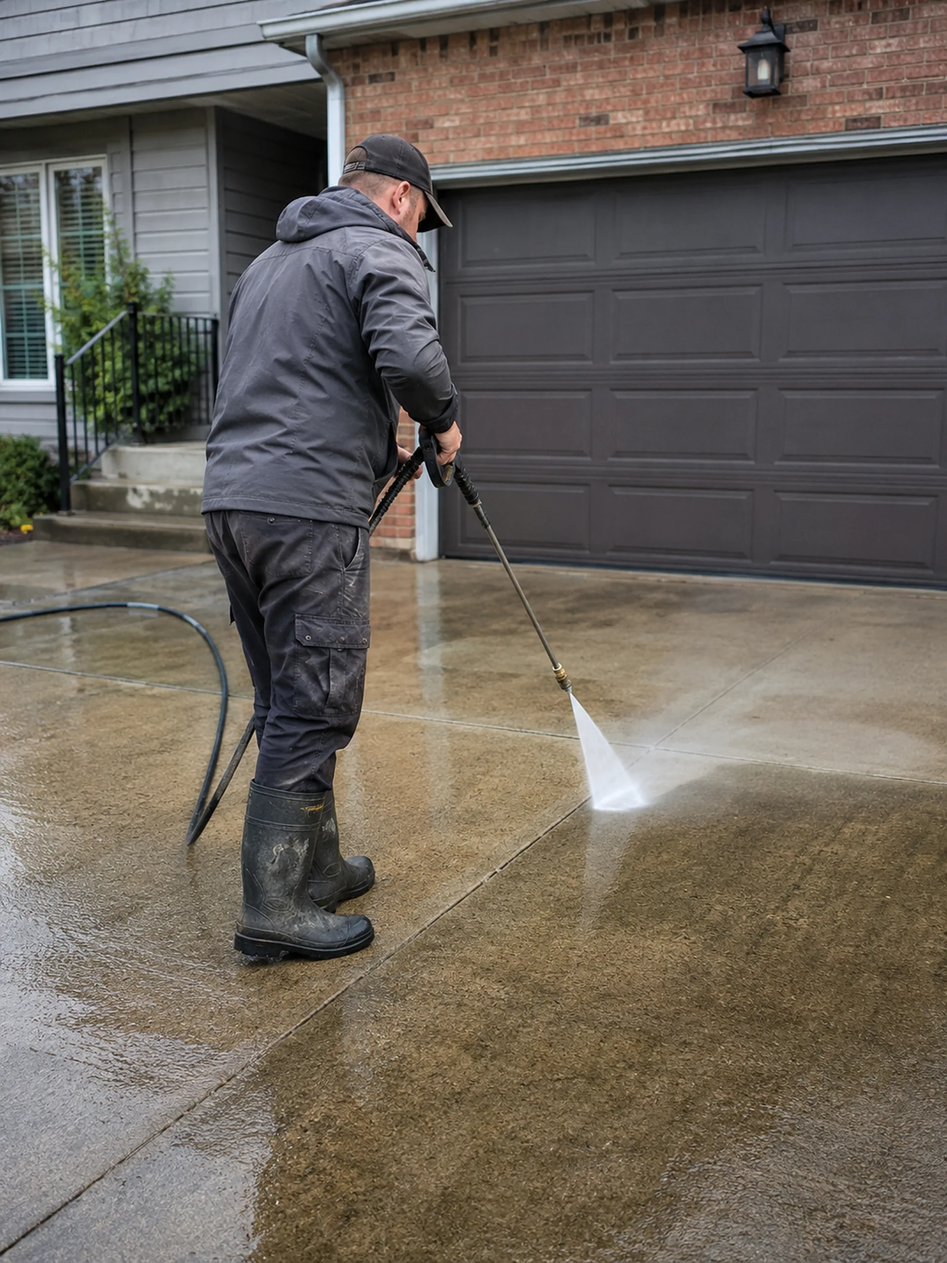 Technician performing driveway pressure washing beside a stained entry slab at a St. Augustine - FL home