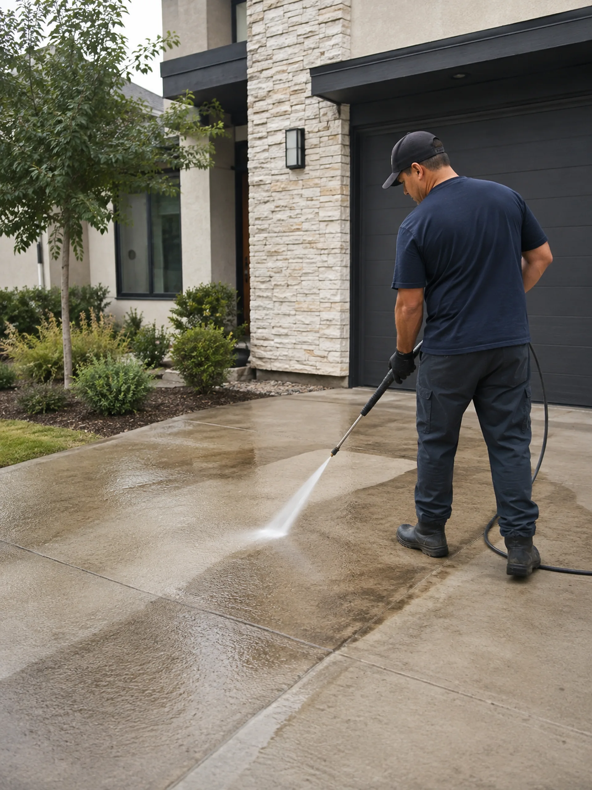 Pressure Washing in Duval County - FL crew cleaning a stained driveway beside a coastal home
