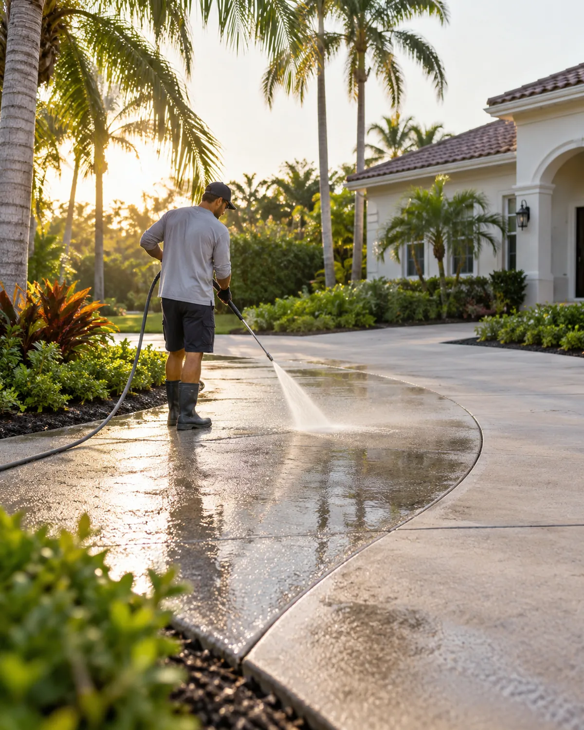 Driveway Pressure Washing in Ponte Vedra Beach - FL as a technician cleans algae from a concrete driveway