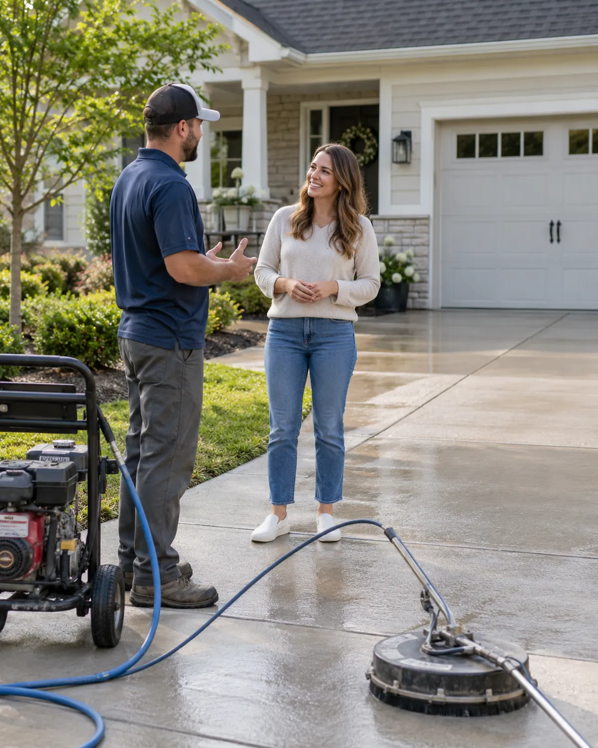 Technician performing driveway pressure washing on a stained surface outside a Ponte Vedra Beach - FL coastal home