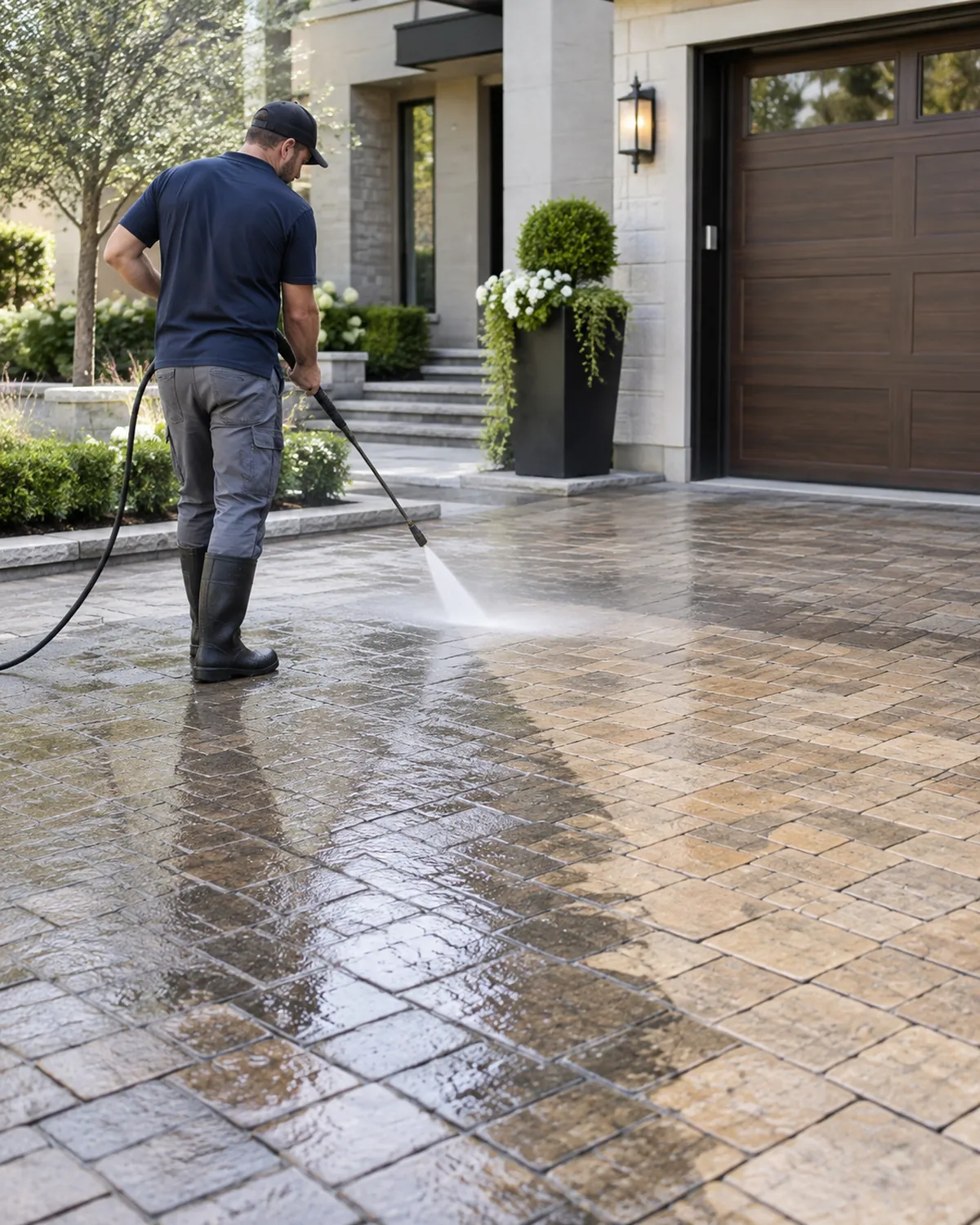 Driveway Pressure Washing in Nocatee - FL as a technician rinses grime from a residential concrete driveway