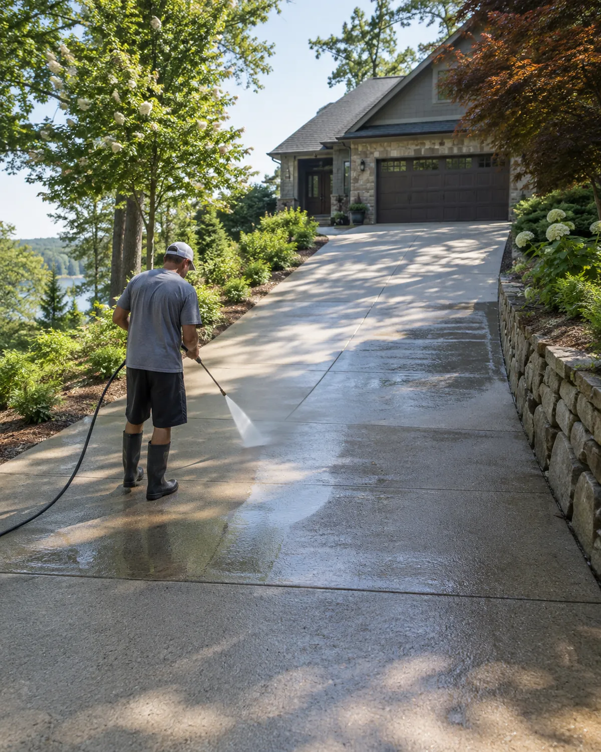 Technician performing driveway pressure washing beside a garage at a home in Nocatee - FL