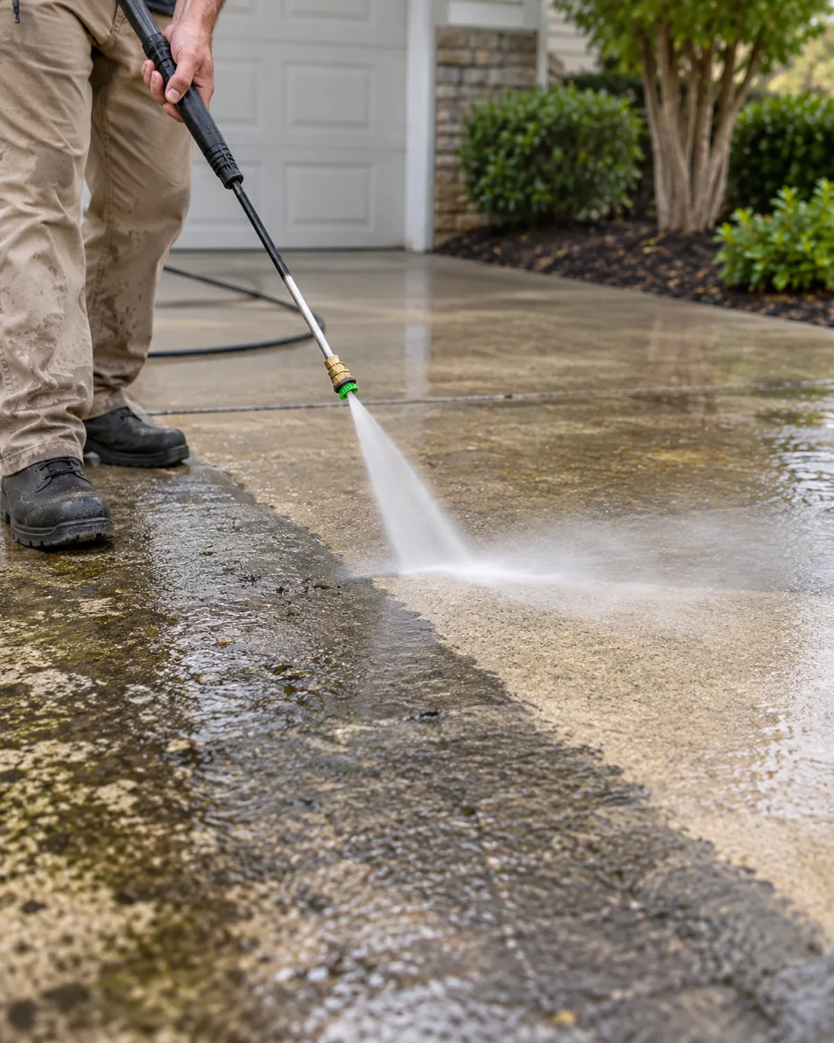 Specialist performing driveway pressure washing on a stained concrete surface outside a Fruit Cove - FL home