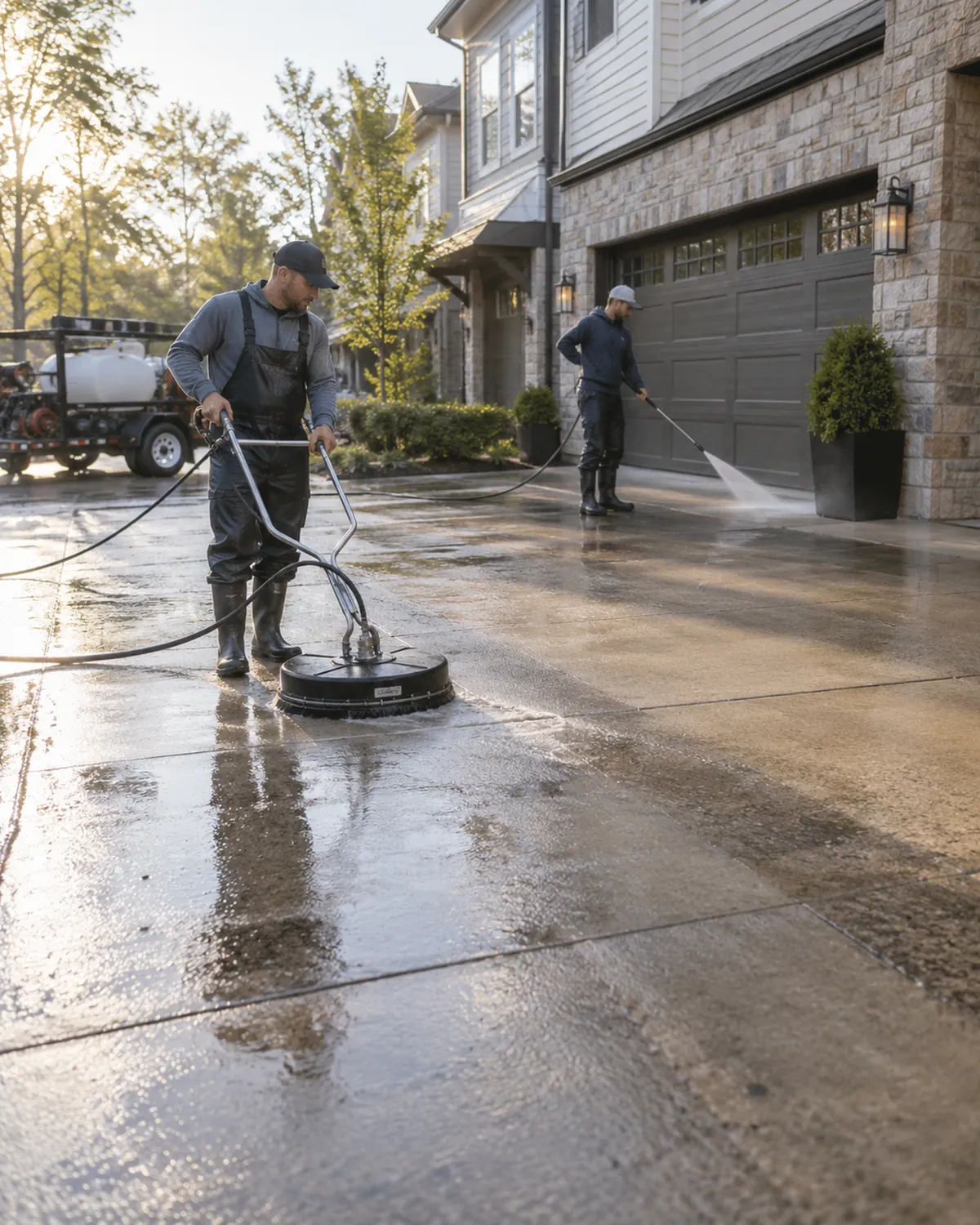 Driveway Pressure Washing in Fruit Cove - FL as a technician cleans algae from a sloped residential driveway