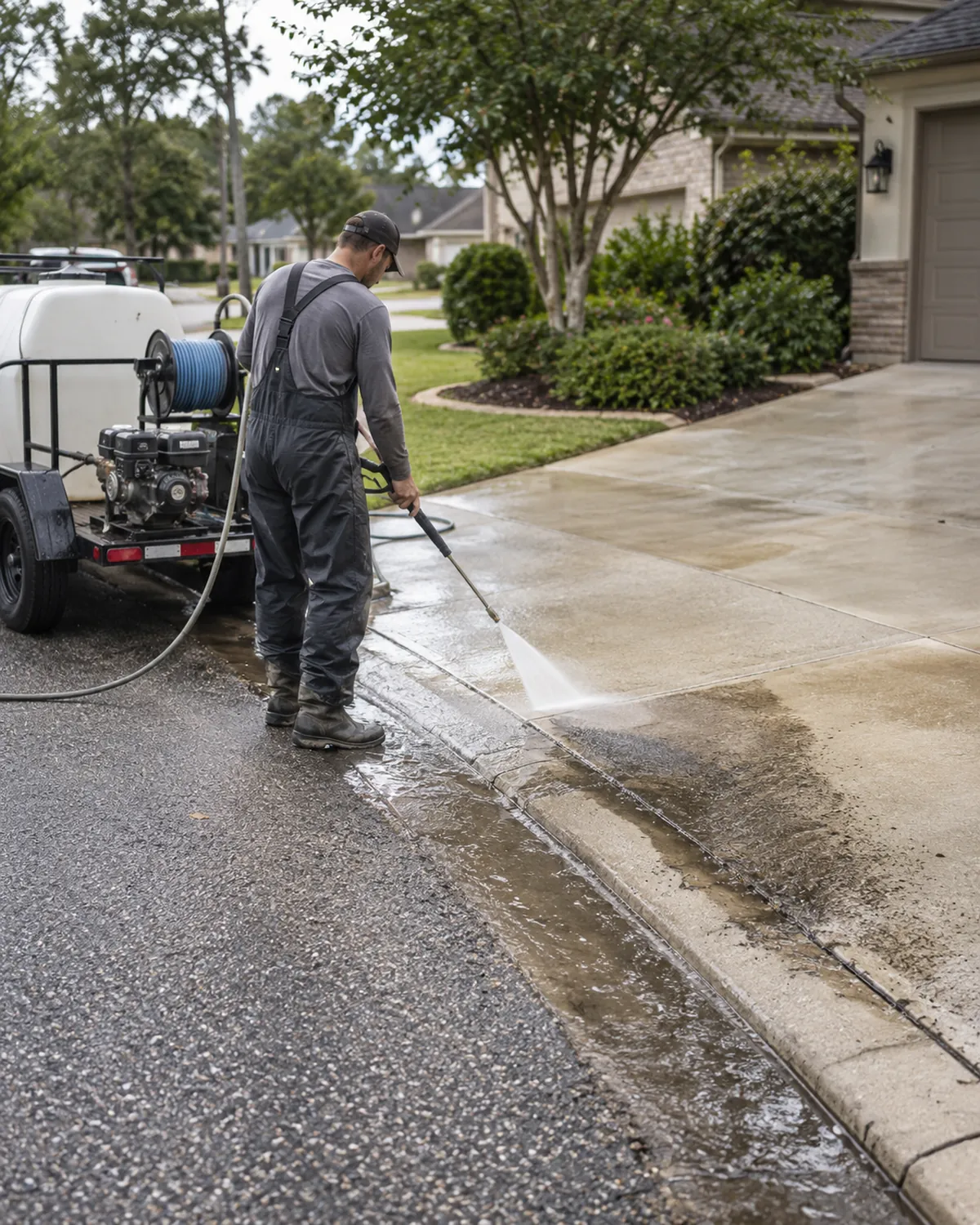 Technician working beside a trailer-mounted pressure washer during driveway pressure washing in Jacksonville Beach - FL on a stained concrete apron
