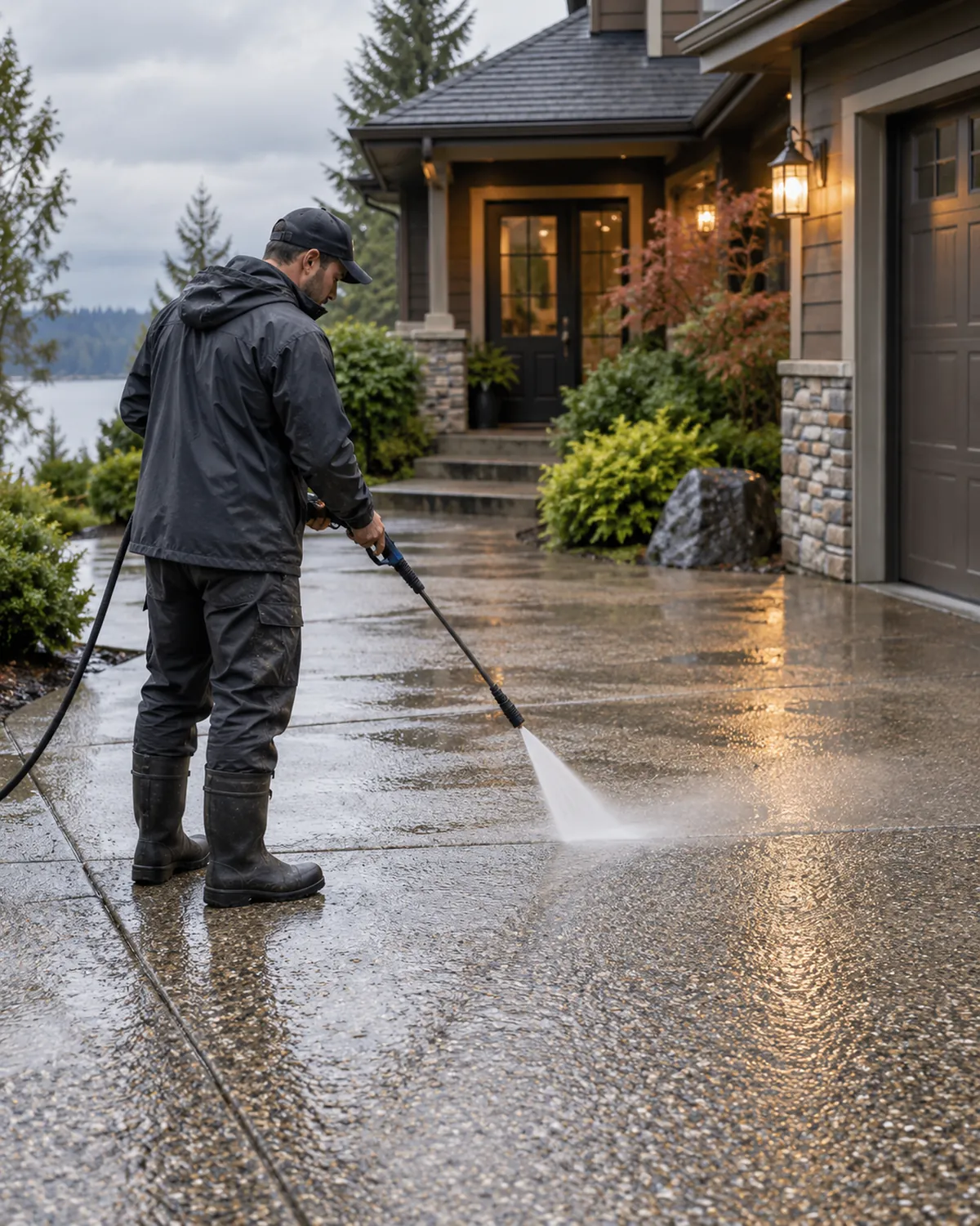 Spray wand lifting grime near a home garage as part of driveway pressure washing in Jacksonville Beach - FL