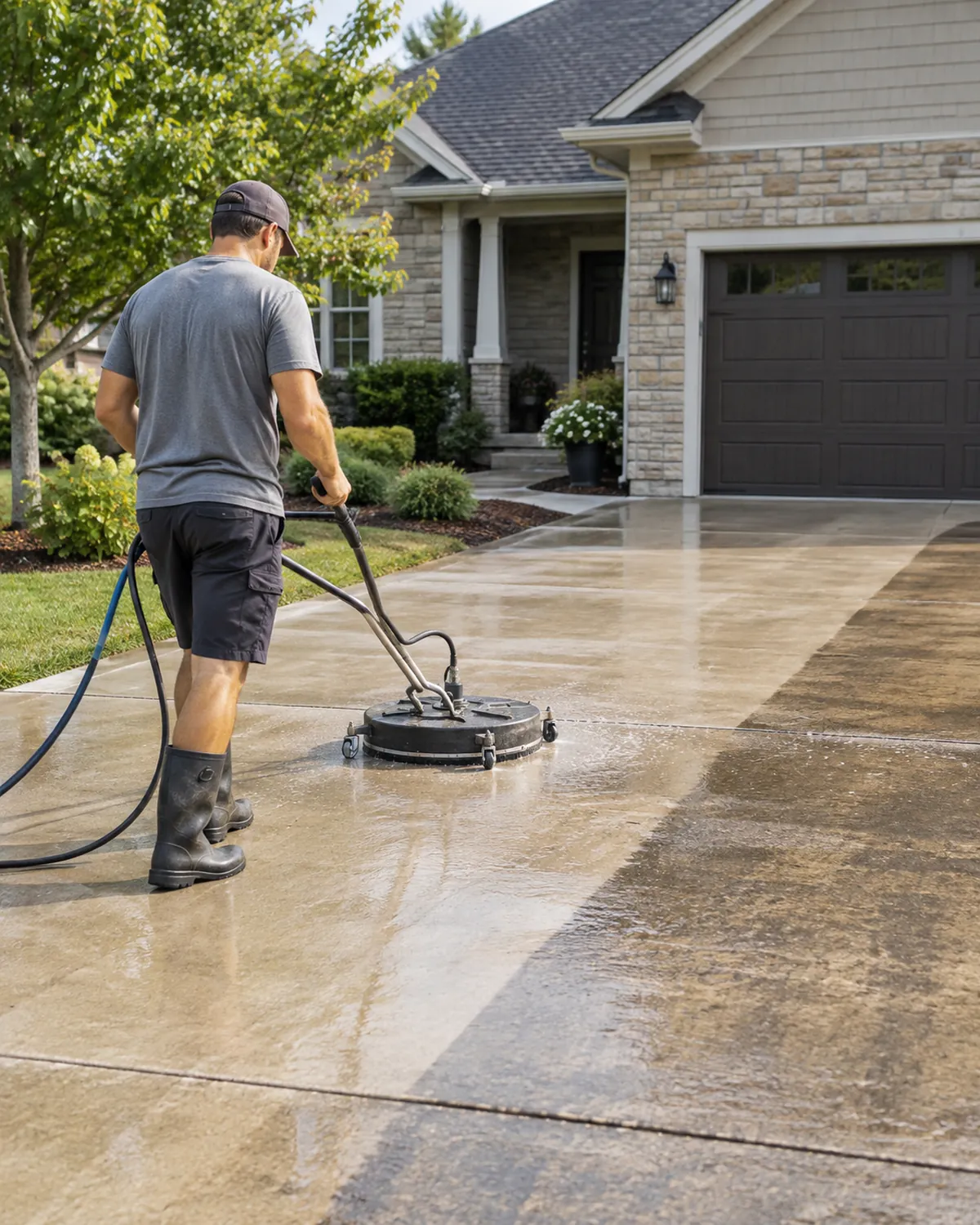 Worker guiding a surface cleaner across concrete for driveway pressure washing in St. Augustine Beach - FL leaving clean and dirty halves