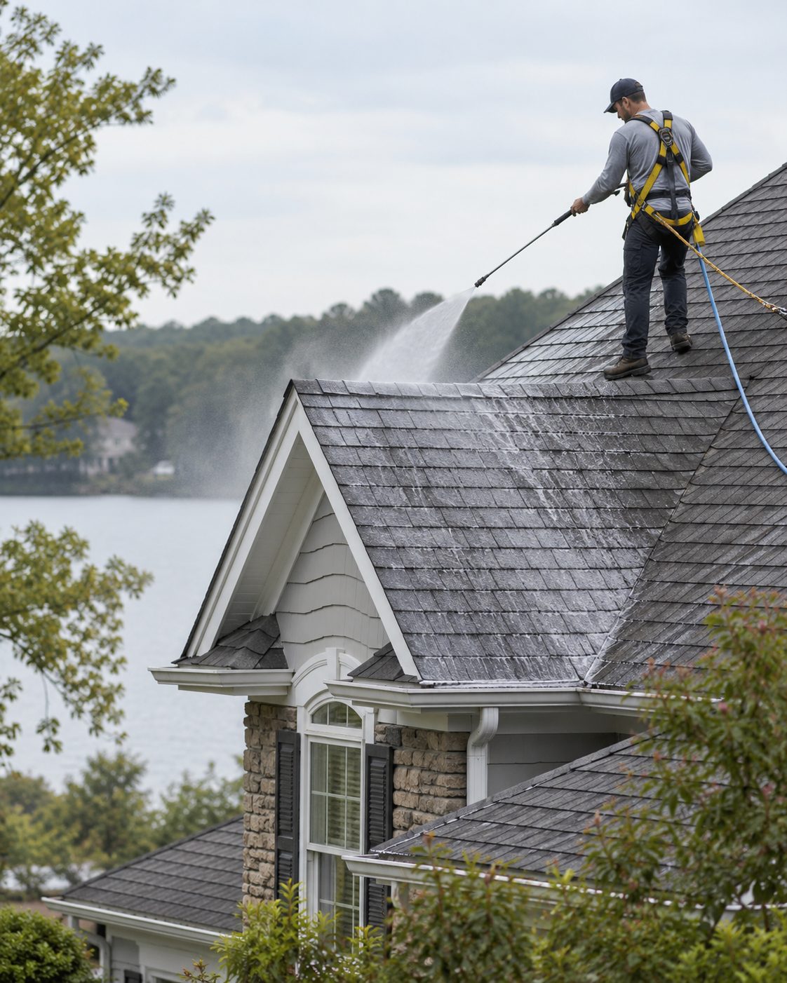 Technician rinsing a steep gray shingle roof above a front gable during roof washing in Nocatee - FL