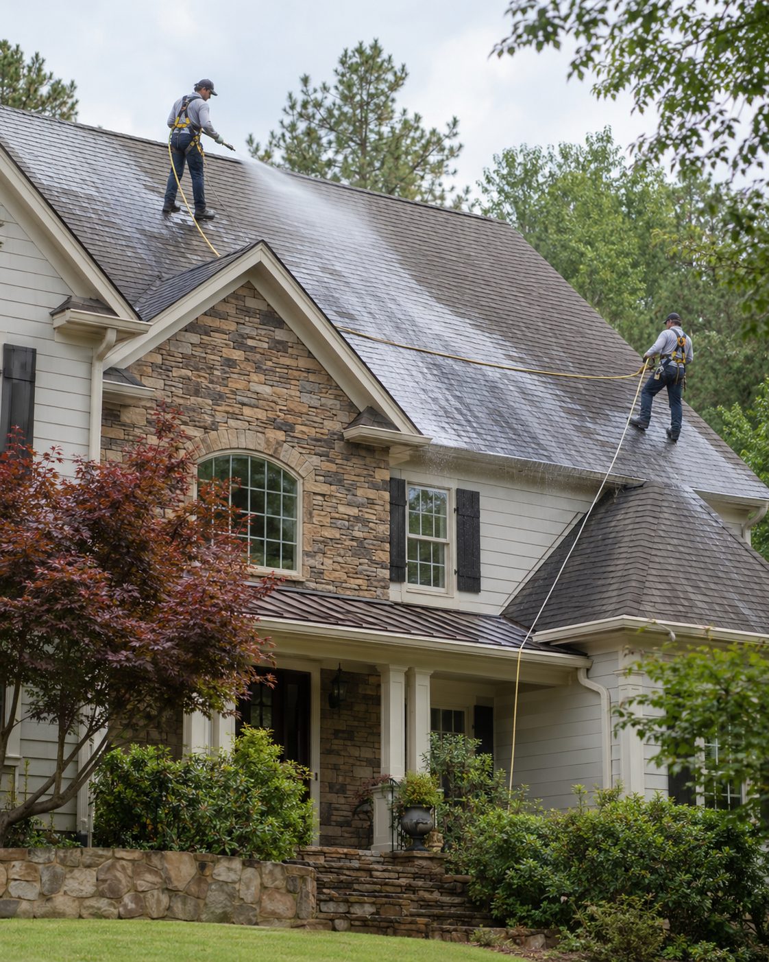 Harnessed worker moving across a steep roof on a stone-accented home during roof washing in St. Augustine - FL