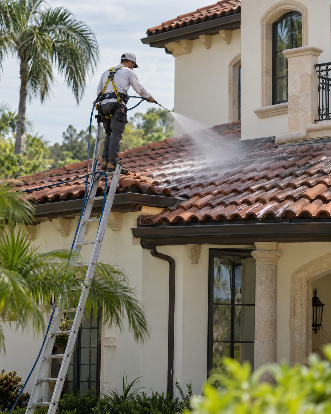Crew member on a ladder spraying a red clay tile roof during roof washing in Ponte Vedra Beach - FL