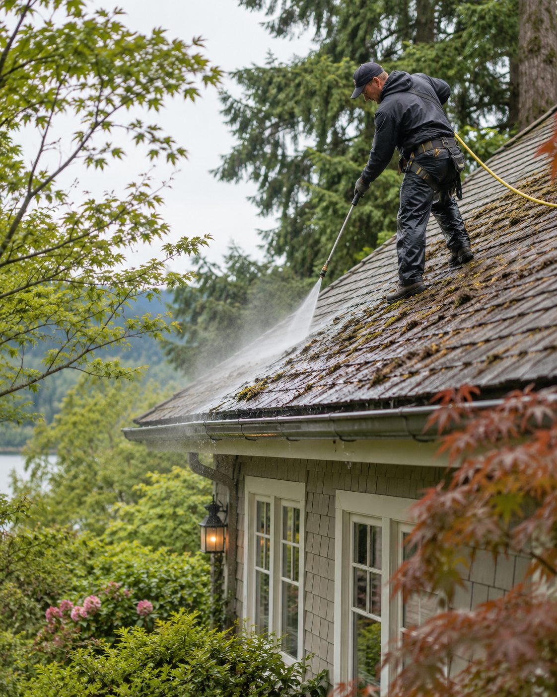 Low-pressure spray lifting moss from shingles near the gutter line as part of roof washing in St. Augustine - FL, Soft wash stream clearing moss from an older shingle roof during roof washing in St. Augustine Beach - FL