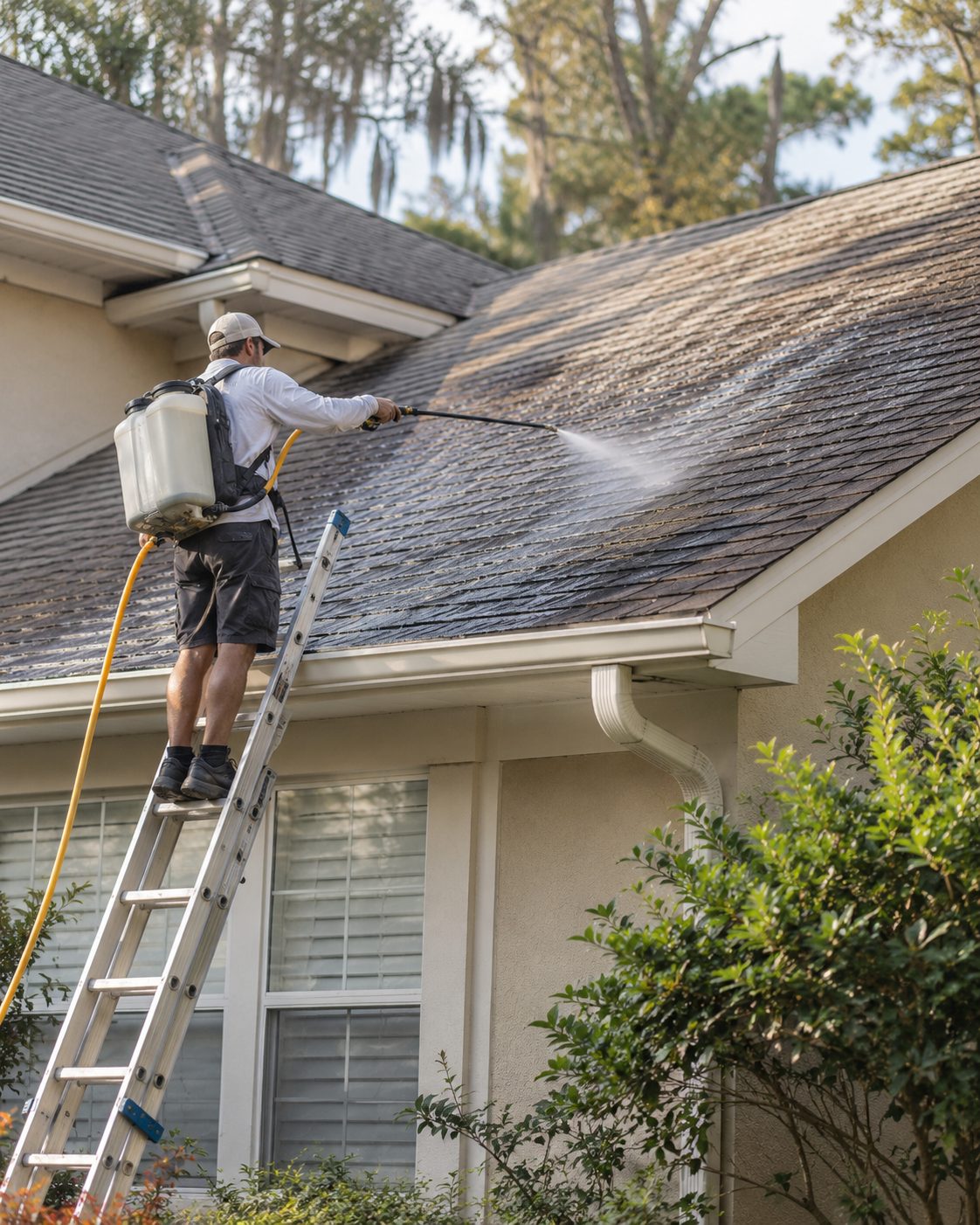 Technician with a backpack sprayer treating streaked shingles from a ladder for roof washing in Ponte Vedra Beach - FL, Technician on a ladder applying a gentle cleaning solution to shingles during roof washing in Jacksonville Beach - FL