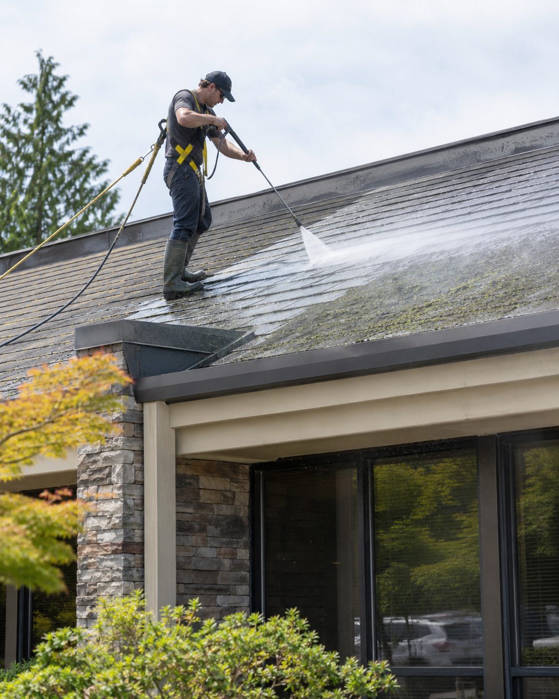 Worker spraying algae-darkened shingles above a stone-trimmed entry during roof washing in Fruit Cove - FL