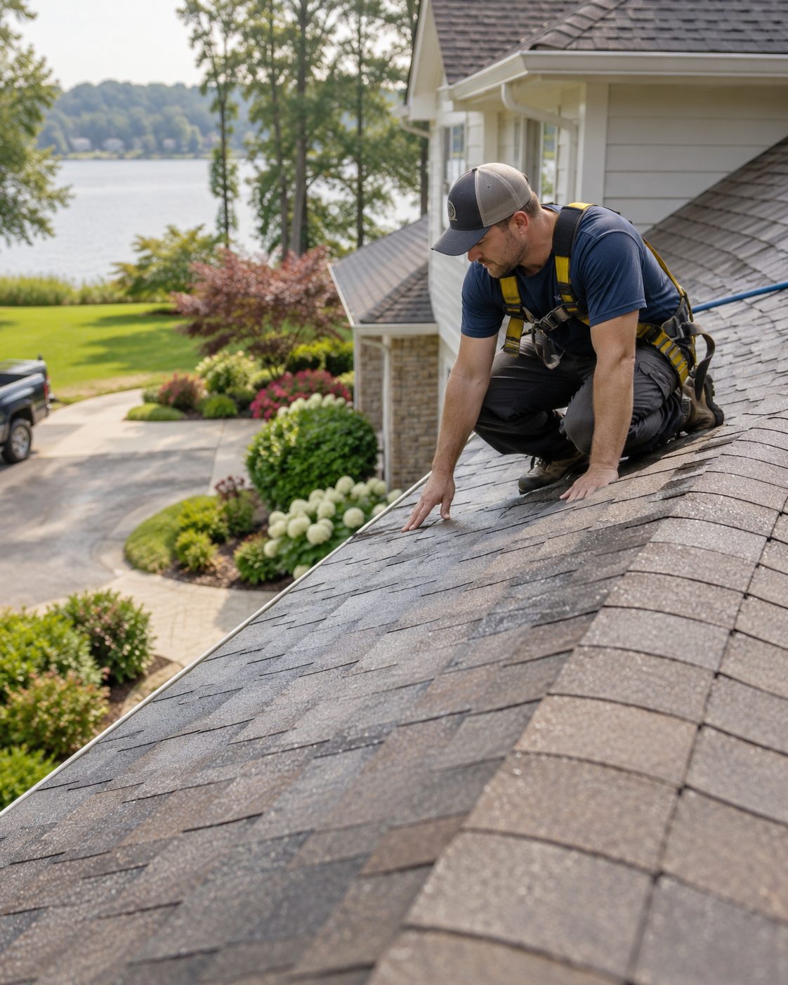 Harnessed technician checking freshly cleaned shingles above a landscaped yard after roof washing in St. Augustine Beach - FL