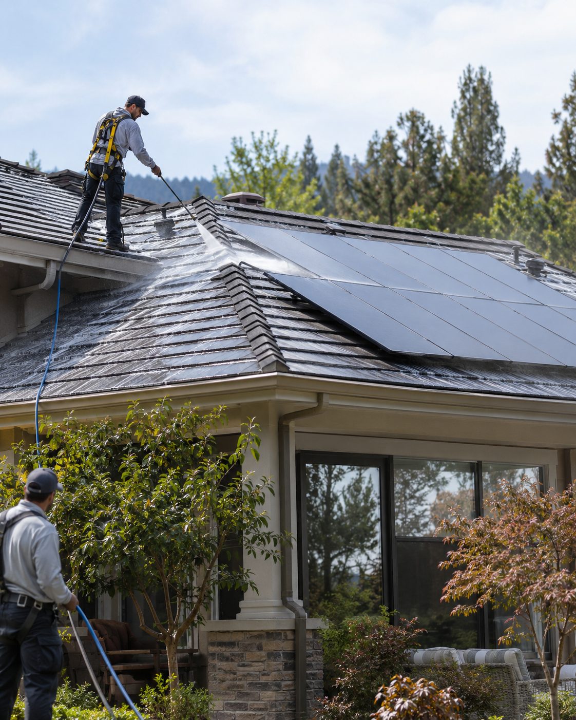 Spray rinsing a shingle roof beside rooftop solar panels as part of roof washing in Jacksonville Beach - FL