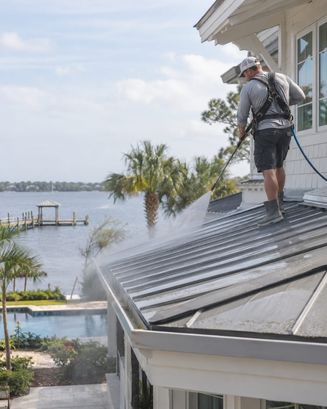 Technician washing a metal roof above a waterfront yard with palm trees during professional roof washing