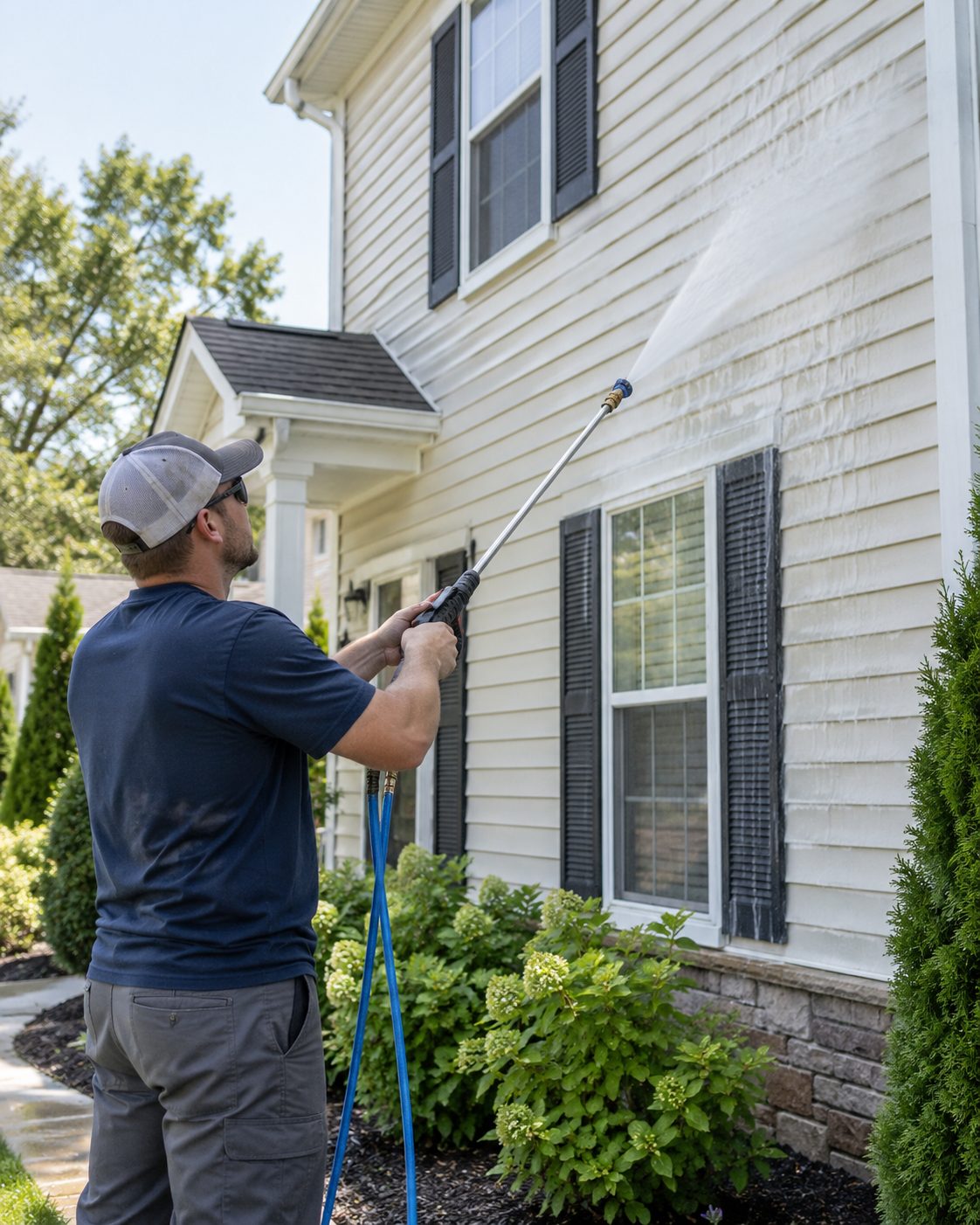 Technician cleaning white lap siding beside dark shutters with soft washing services in St. Augustine - FL