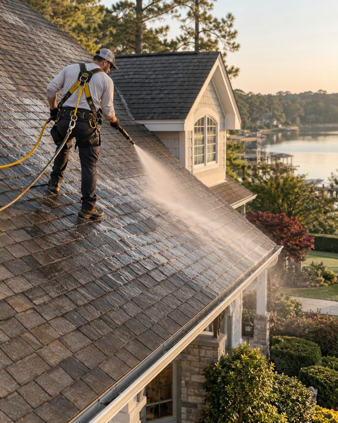 Low-pressure spray cleaning a dark shingle roof as part of soft washing services in Ponte Vedra Beach - FL