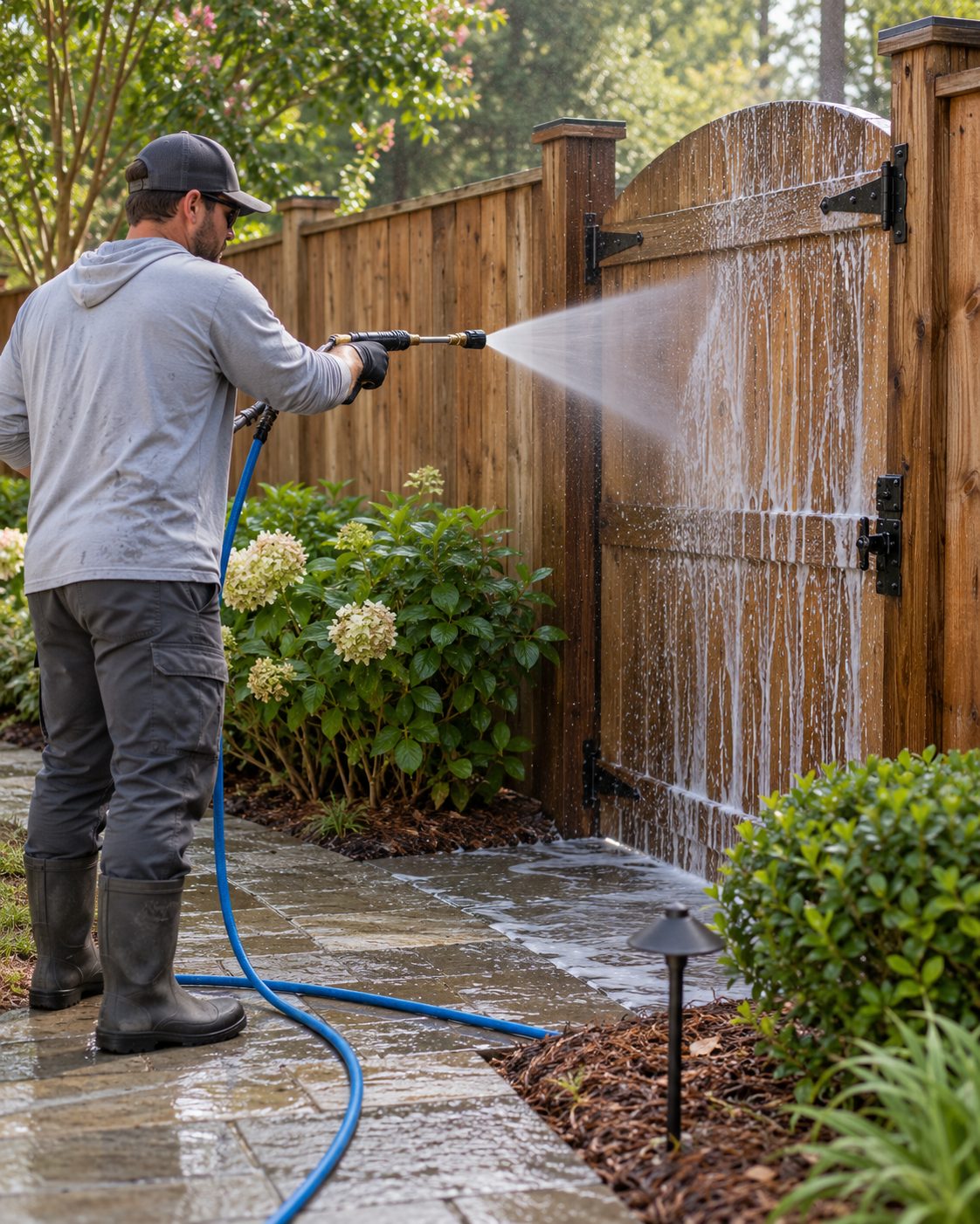 Worker rinsing a wooden privacy fence gate next to blooming hydrangeas during soft washing services in St. Augustine - FL, Gentle spray lifting grime from a wooden fence gate with soft washing services in Fruit Cove - FL