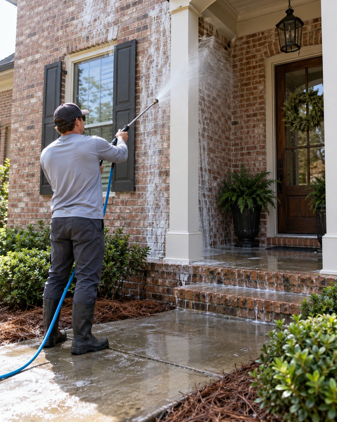 Technician washing a brick front entry lined with potted plants during soft washing services in Ponte Vedra Beach - FL, Worker rinsing brick walls around a covered front porch as part of soft washing services in St. Augustine Beach - FL