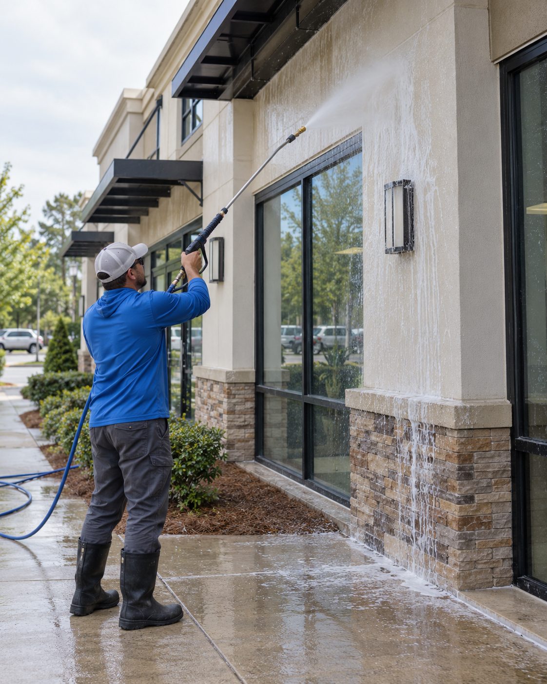 Worker rinsing a stucco and stone facade near large windows with soft washing services in Nocatee - FL, Technician washing a modern stucco exterior with stone trim during soft washing services in Jacksonville Beach - FL