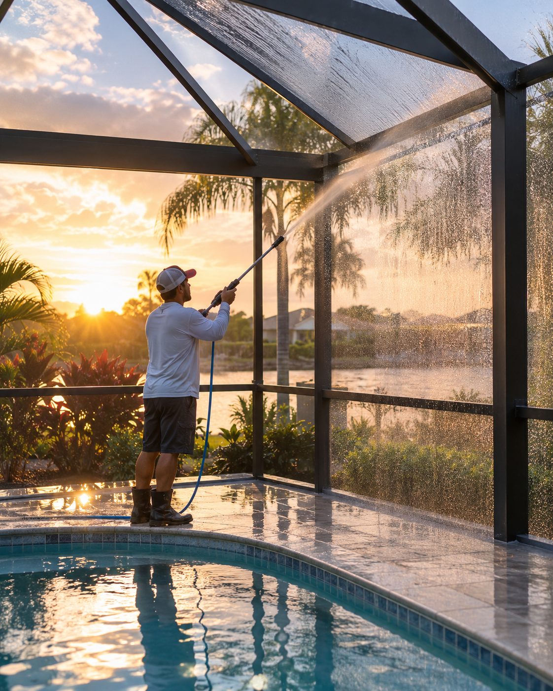 Technician cleaning a pool screen enclosure at sunset over the water during soft washing services in Fruit Cove - FL