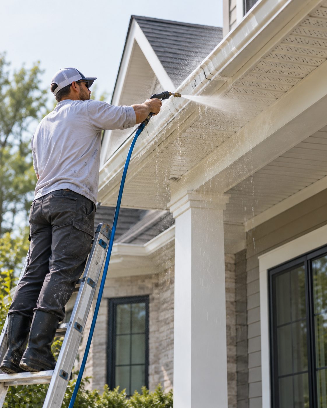 Technician on a ladder cleaning a porch ceiling and white columns during soft washing services in St. Augustine Beach - FL