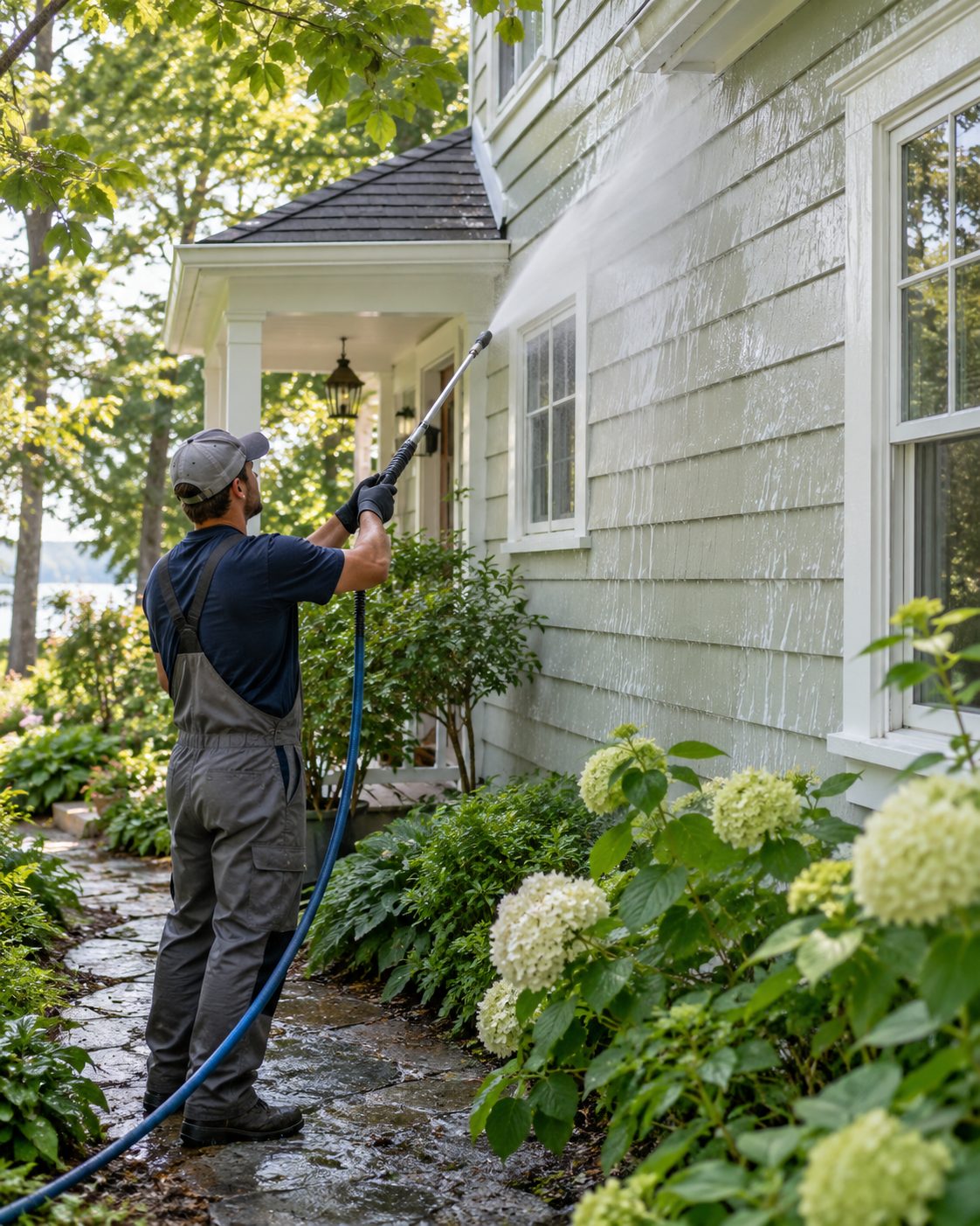 Worker spraying sage green siding above a hydrangea garden with soft washing services in Jacksonville Beach - FL