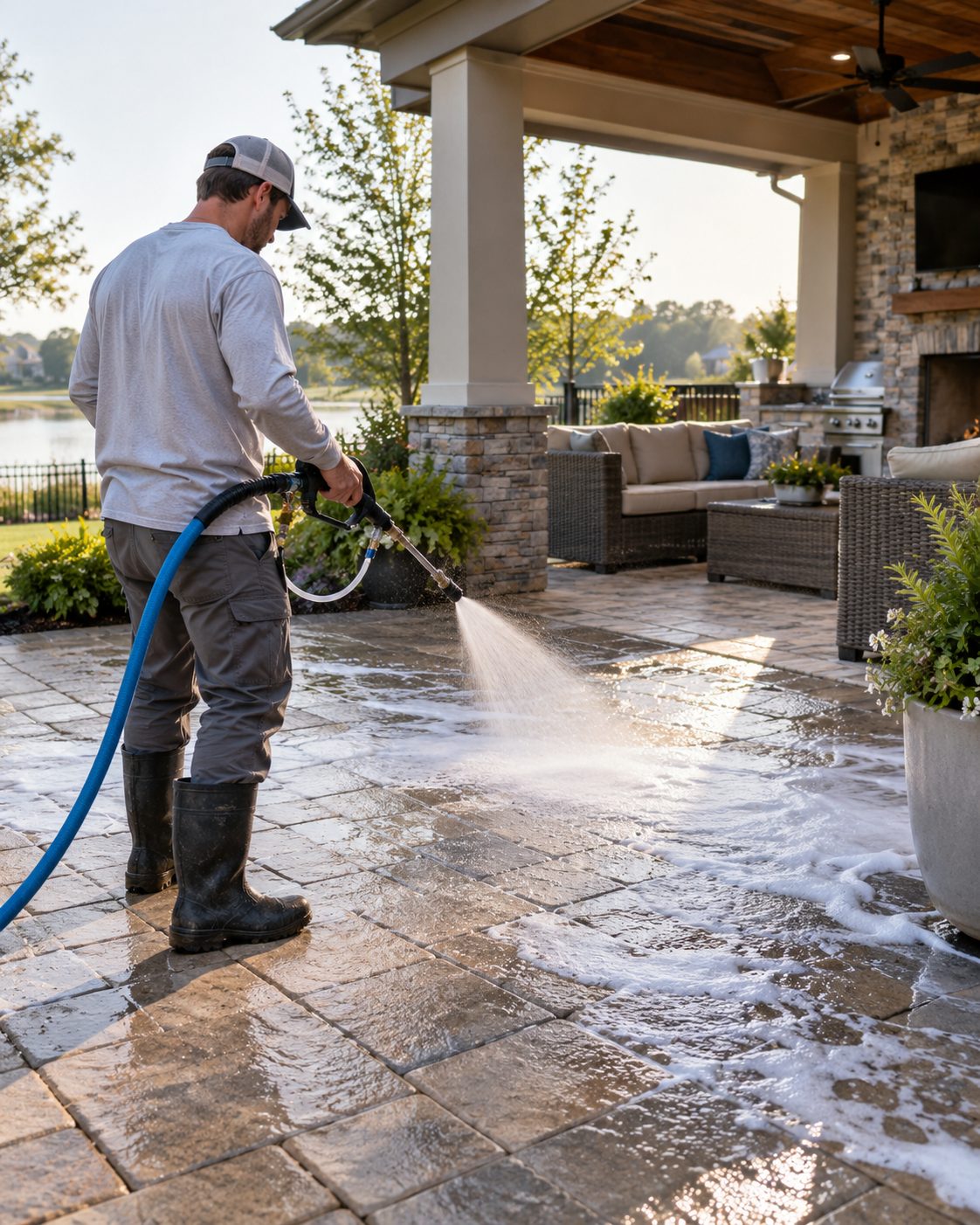 Worker soft washing patio pavers beside outdoor furniture to lift dirt and mildew